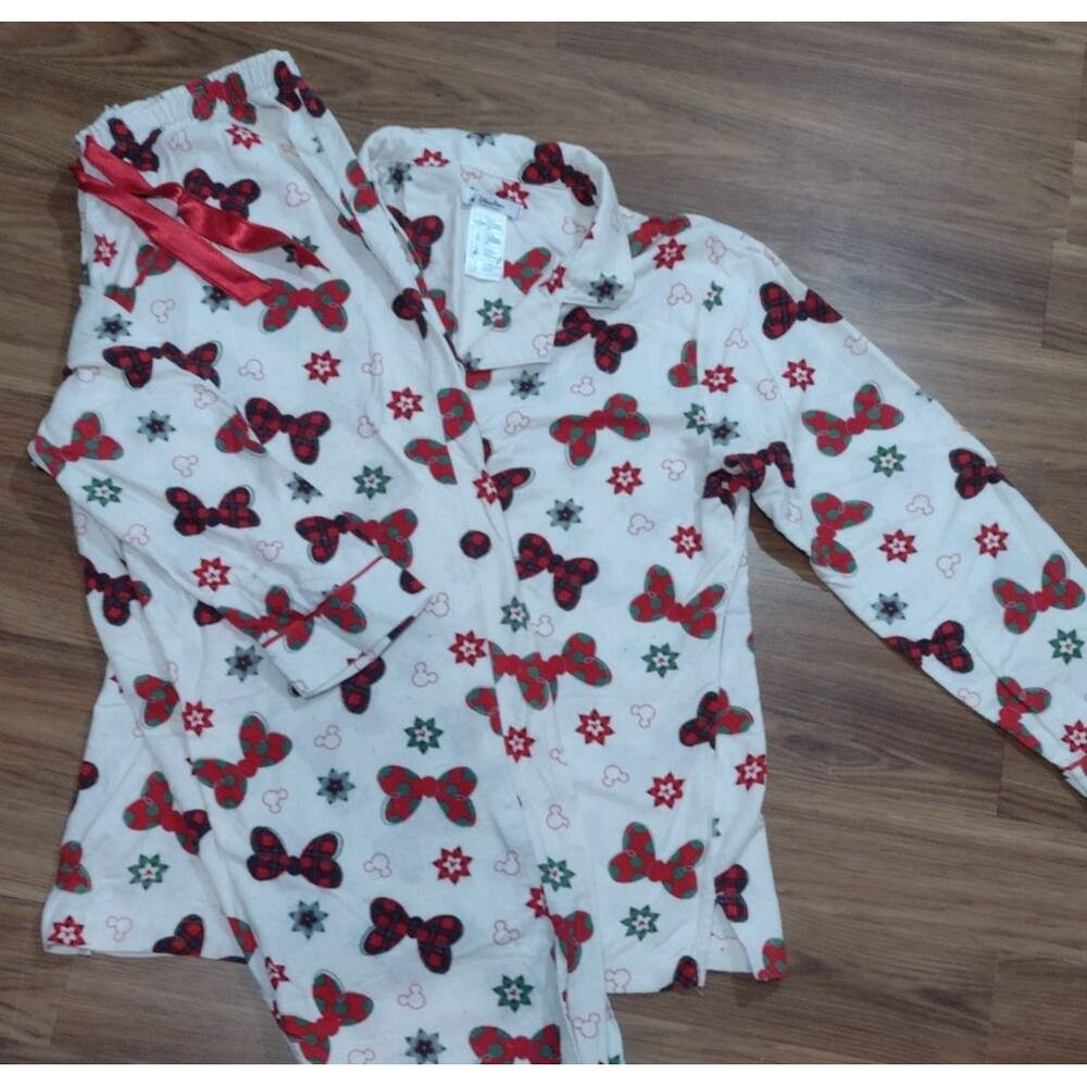 Disney Pajama Set Womens L 2 Piece Flannel Holiday Bows